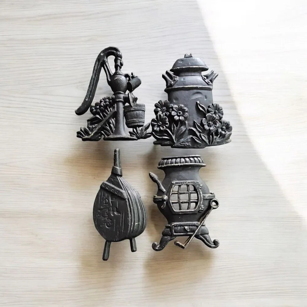 Vtg Primitive Wall Art SEXTON Cast Metal Milk Can Water Pump Wood Stove Lot Of 4